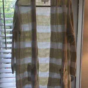 Women's Cardigan - Daily Thread - 1X - Mint Green White Striped Long Sleeve